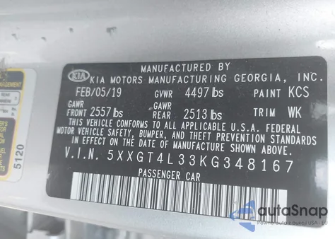 2019 Kia Optima Lx из США, поврежденный, VIN 5XXGT4L33KG348167